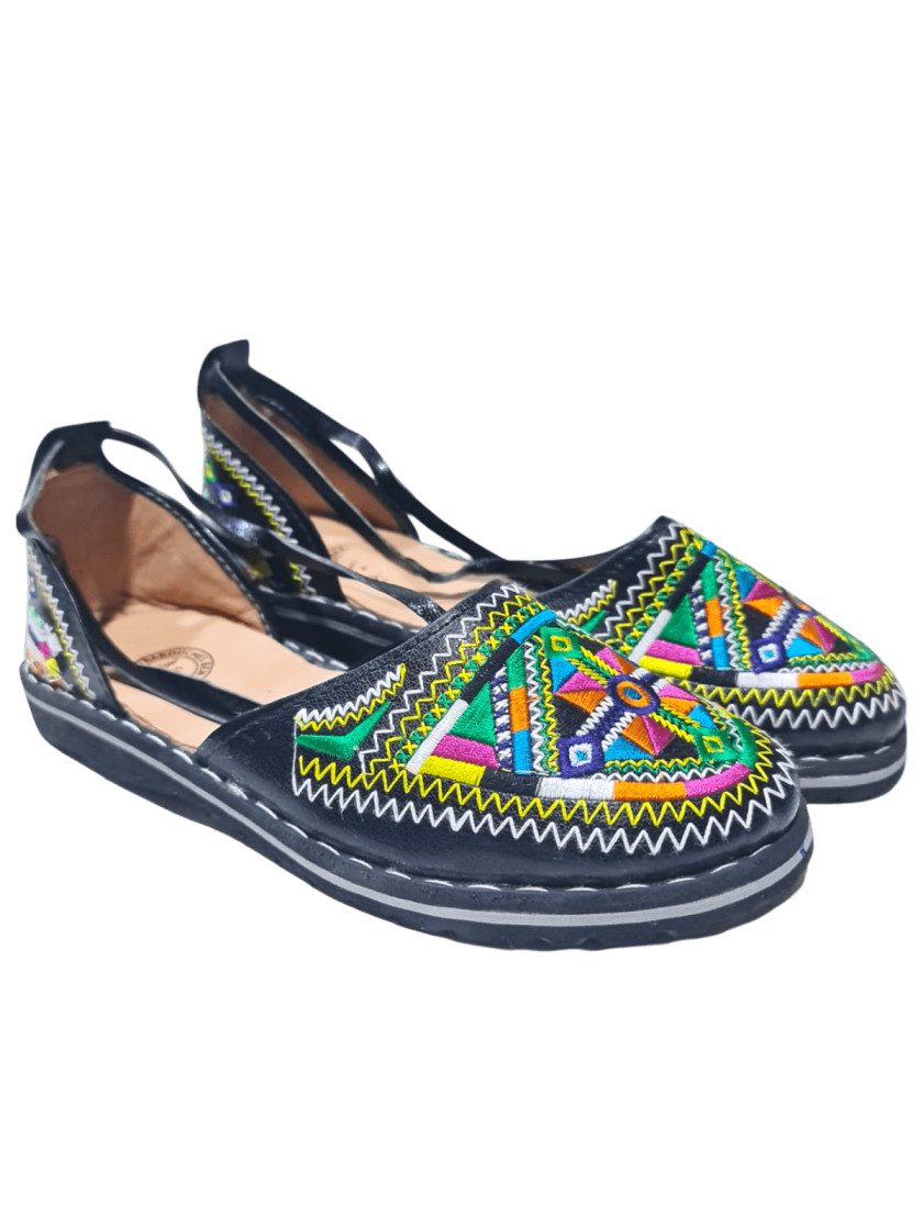 Handmade black Moroccan Leather Sandals with Amazigh Embroidery